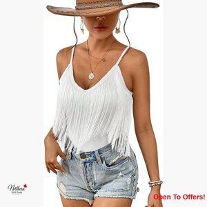 Polyester Fringe Halter Tank Top with Tassel Hem, Backless V-Neck